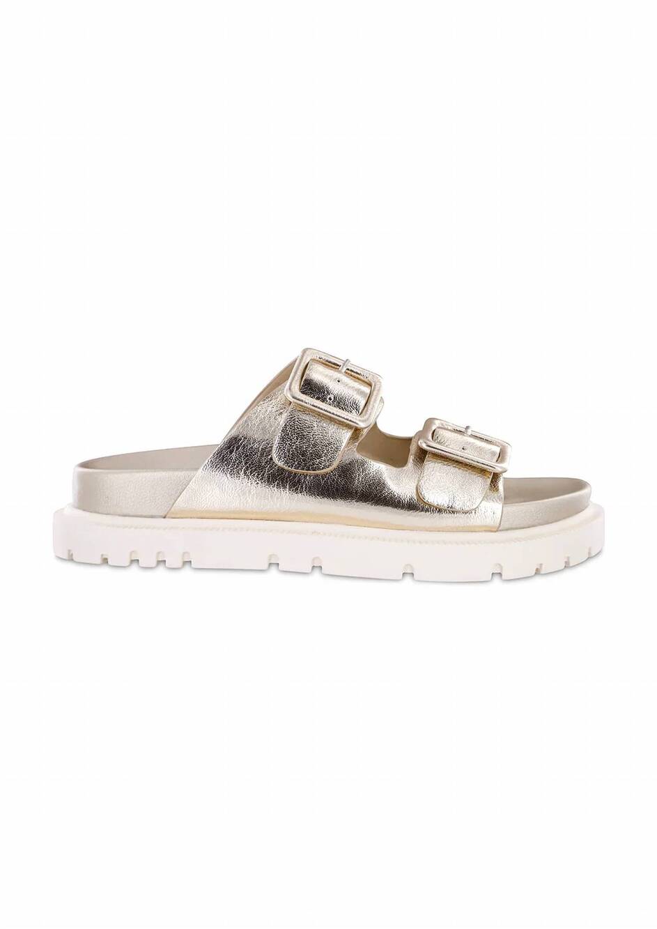 NEW MIA SHOES women's golden hour buckle slides in soft gold
